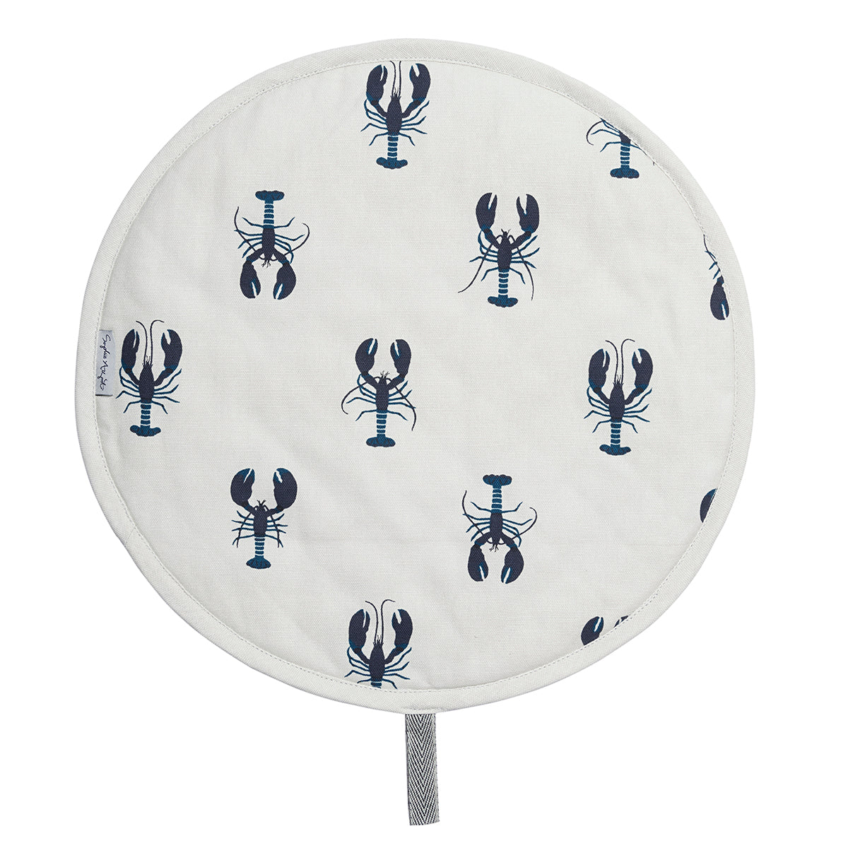 Dark blue lobster illustrations on a hob cover with loop