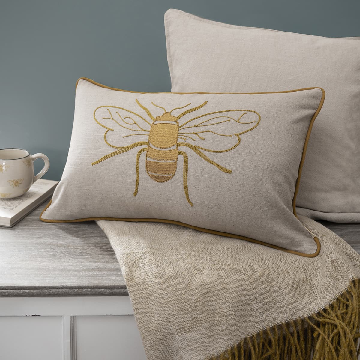 Bees Linen Blend Embroidered Cushion