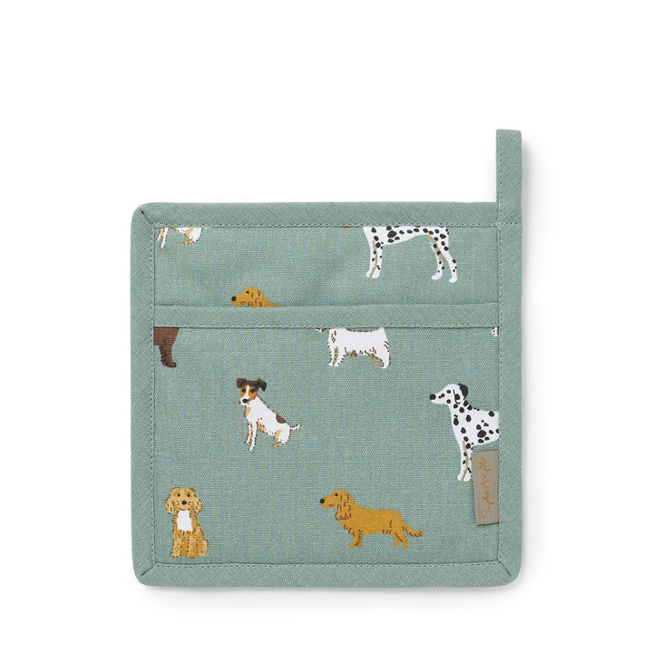 Blue pot grab with dogs print by Sophie Allport