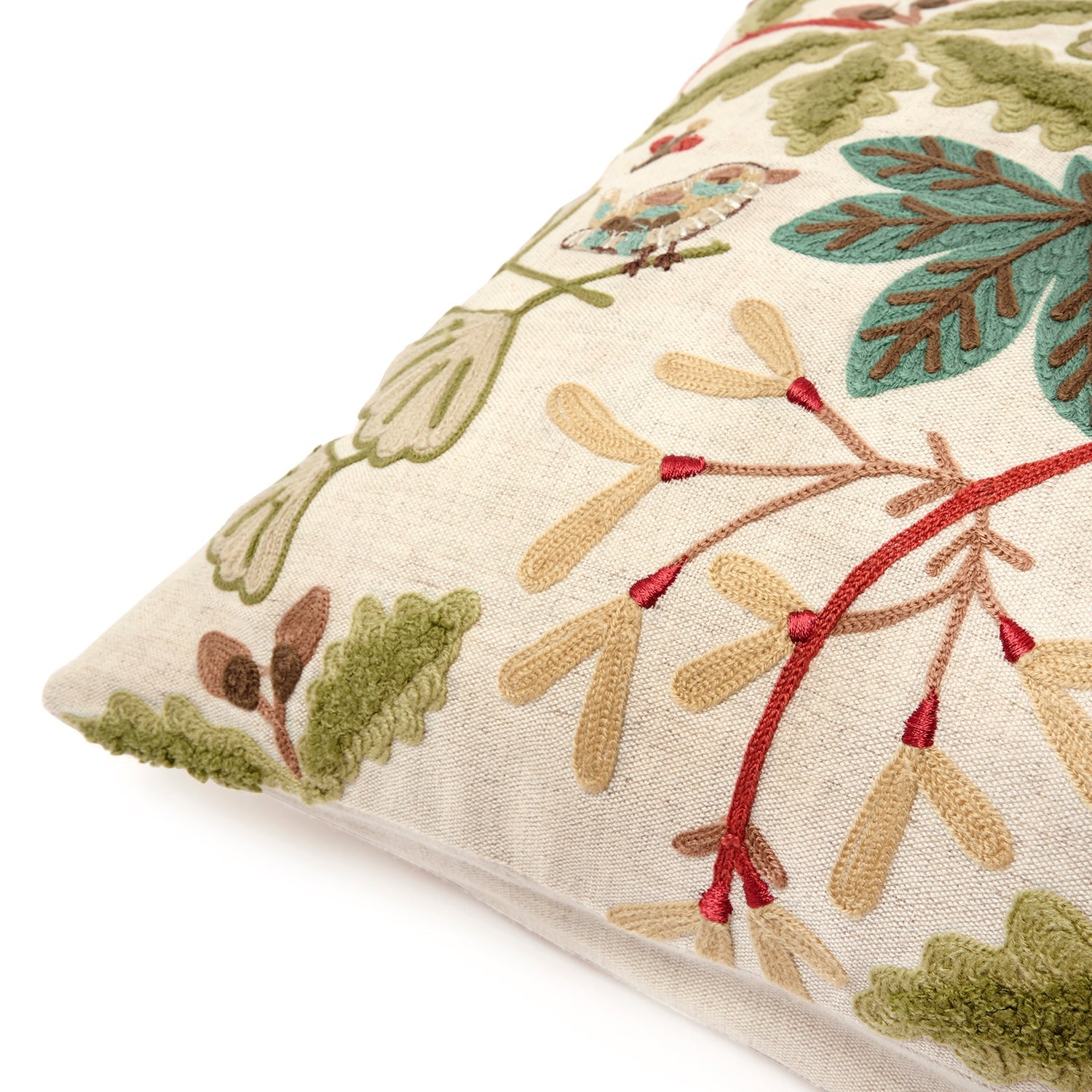 Orchard Birds Linen Embroidered Cushion