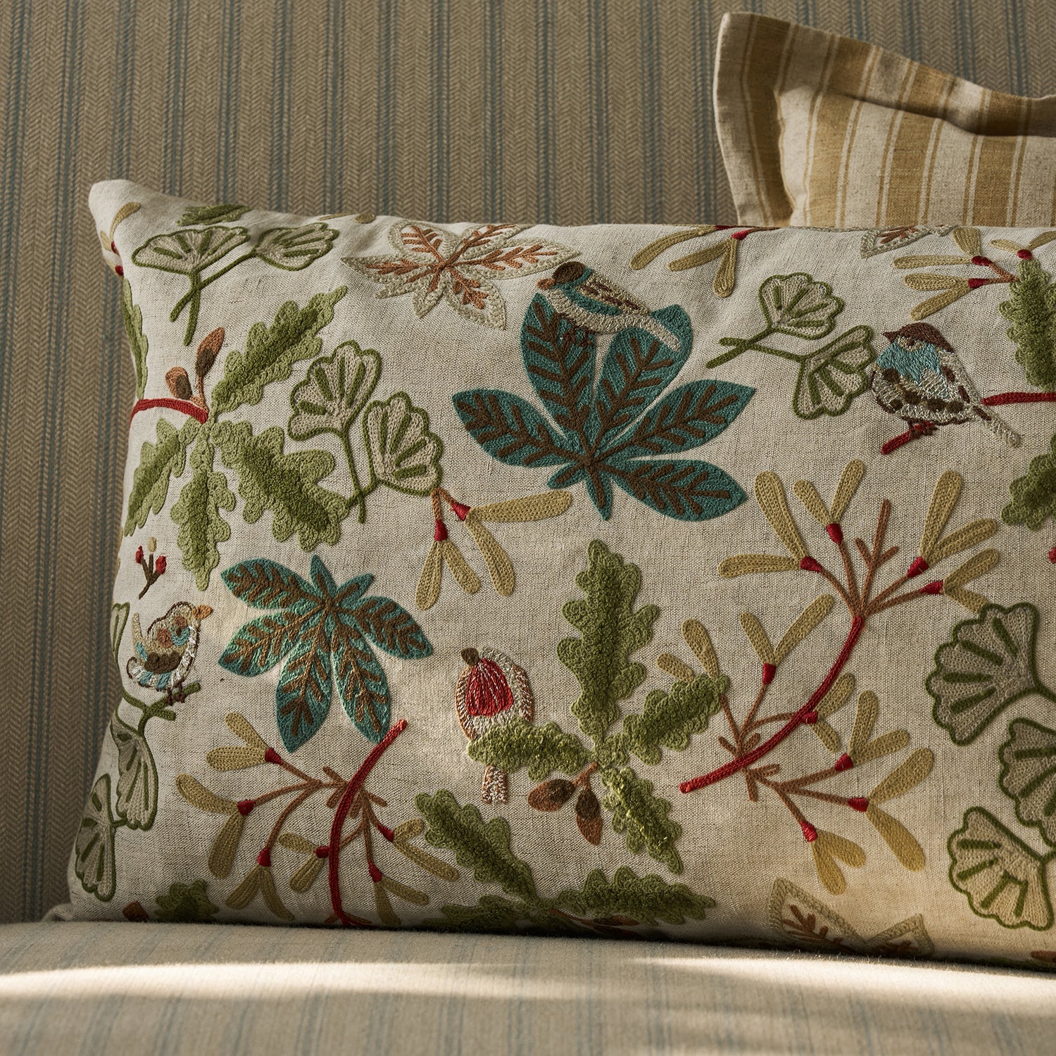 Orchard Birds Linen Embroidered Cushion
