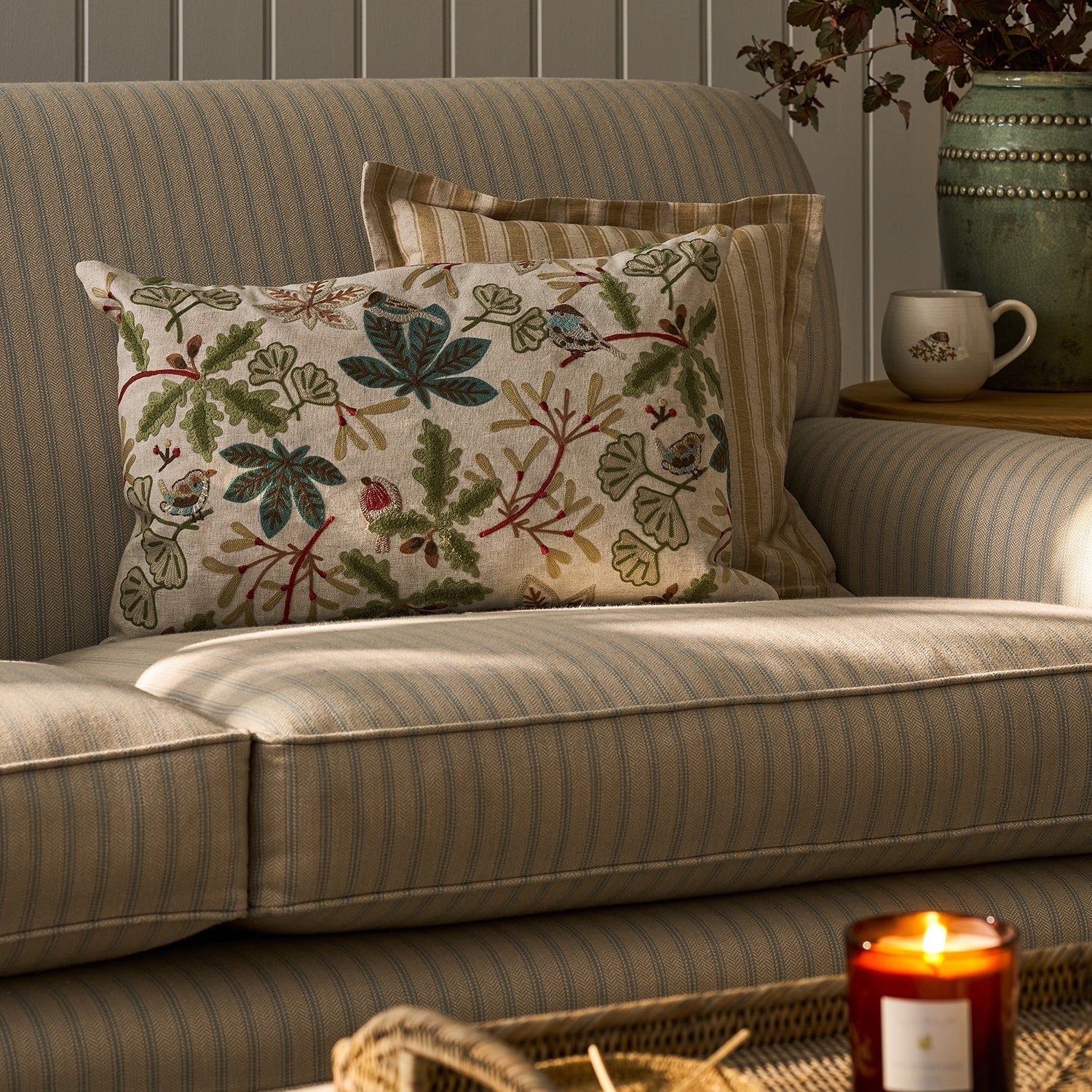 Orchard Birds Linen Embroidered Cushion