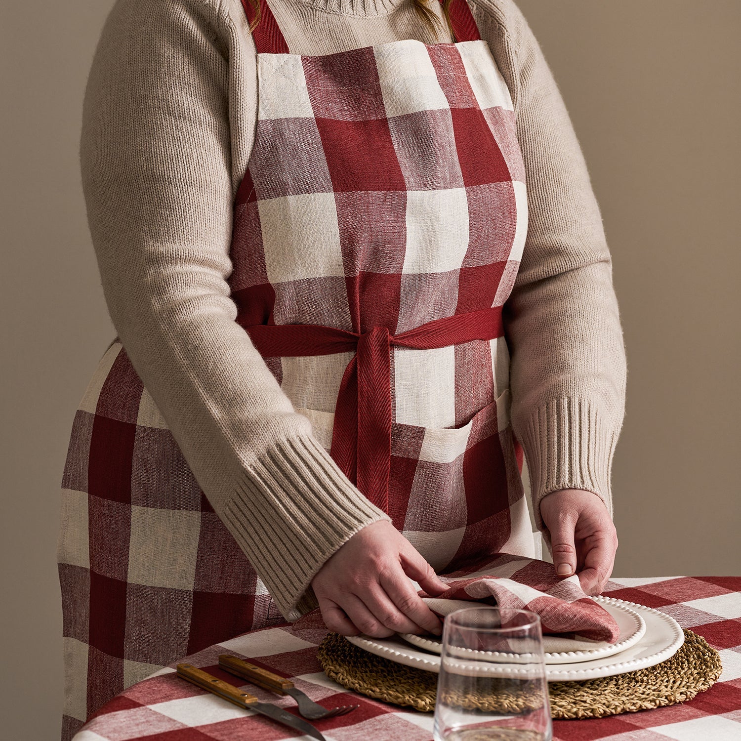 Rustic Red Gingham Linen Cross Back Apron
