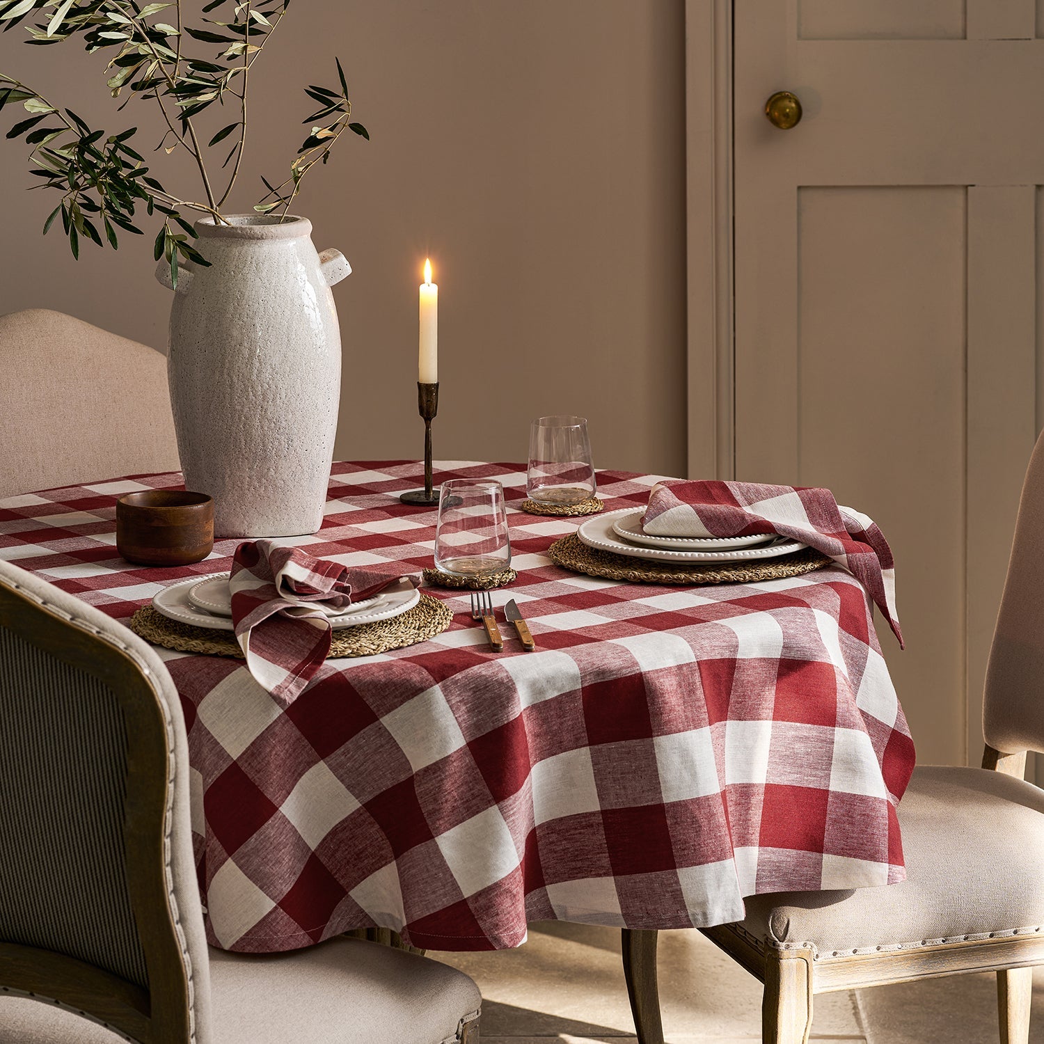 Rustic Red Gingham Round Linen Tablecloth
