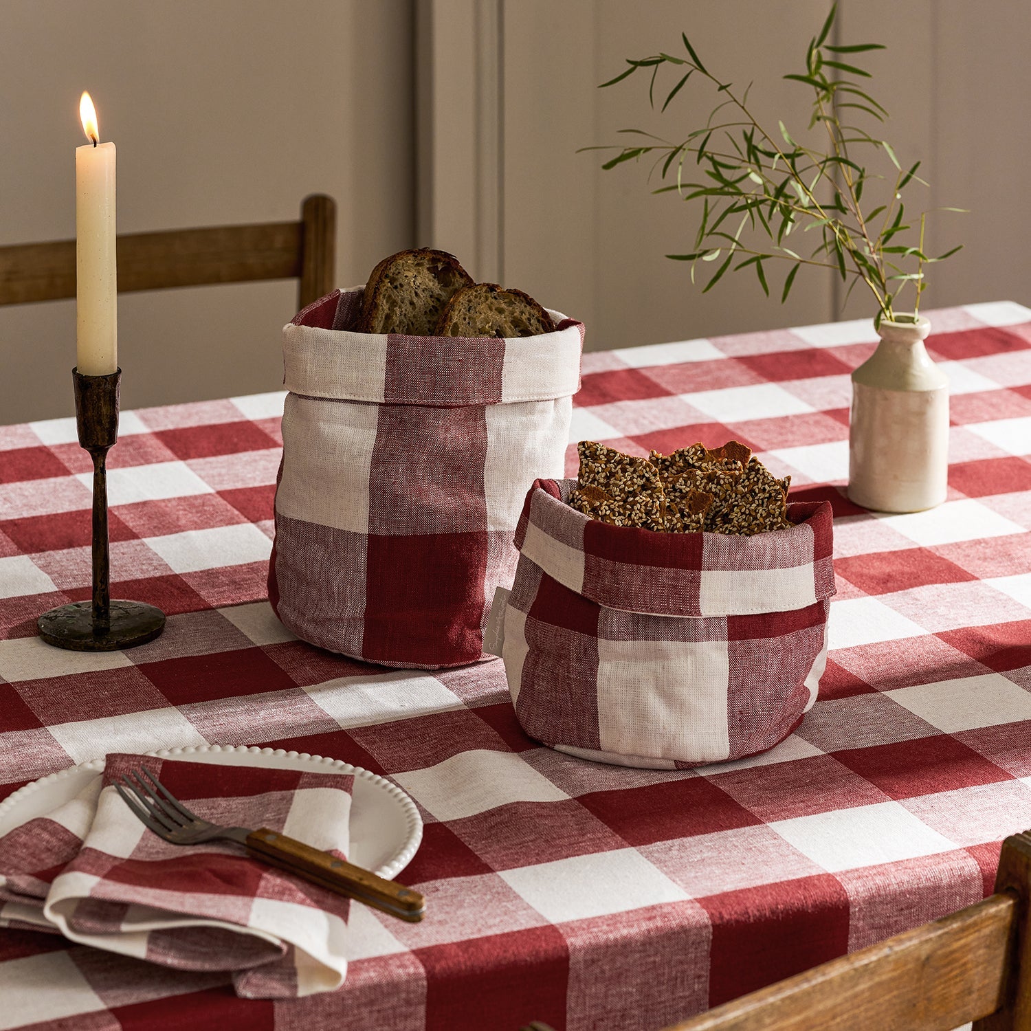 Rustic Red Gingham Linen Bread Baskets (Set of 2)