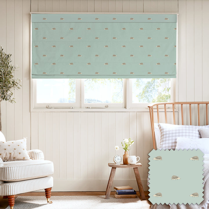 Hedgehogs Pale Mint Blue Made to Measure Roman Blind