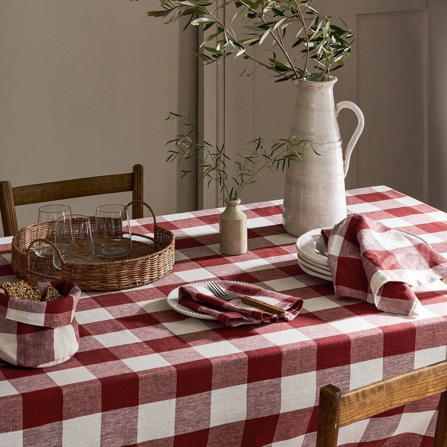 Rustic Red Gingham Linen Tablecloth