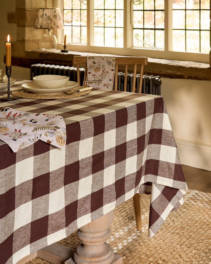 Chocolate Brown Gingham Linen Tablecloth