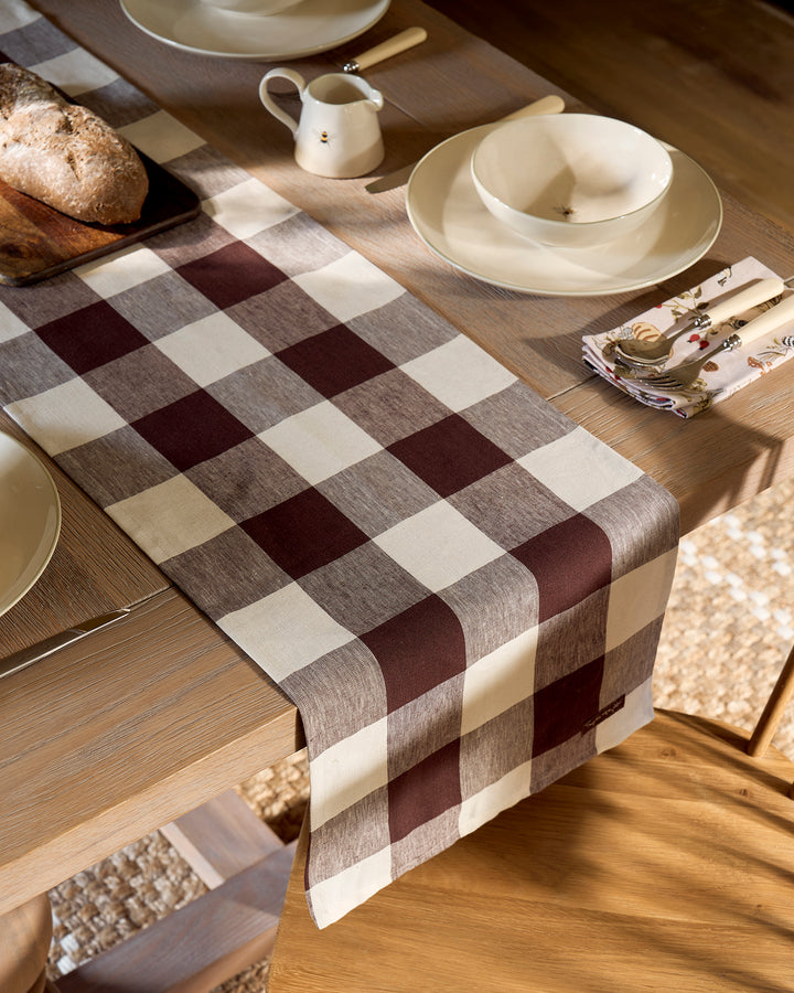 Chocolate Brown Gingham Linen Table Runner
