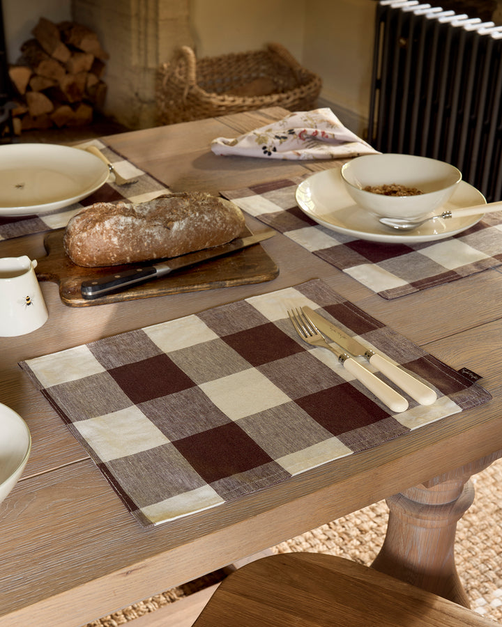 Chocolate Brown Gingham Linen Washable Placemats (Set of 2)