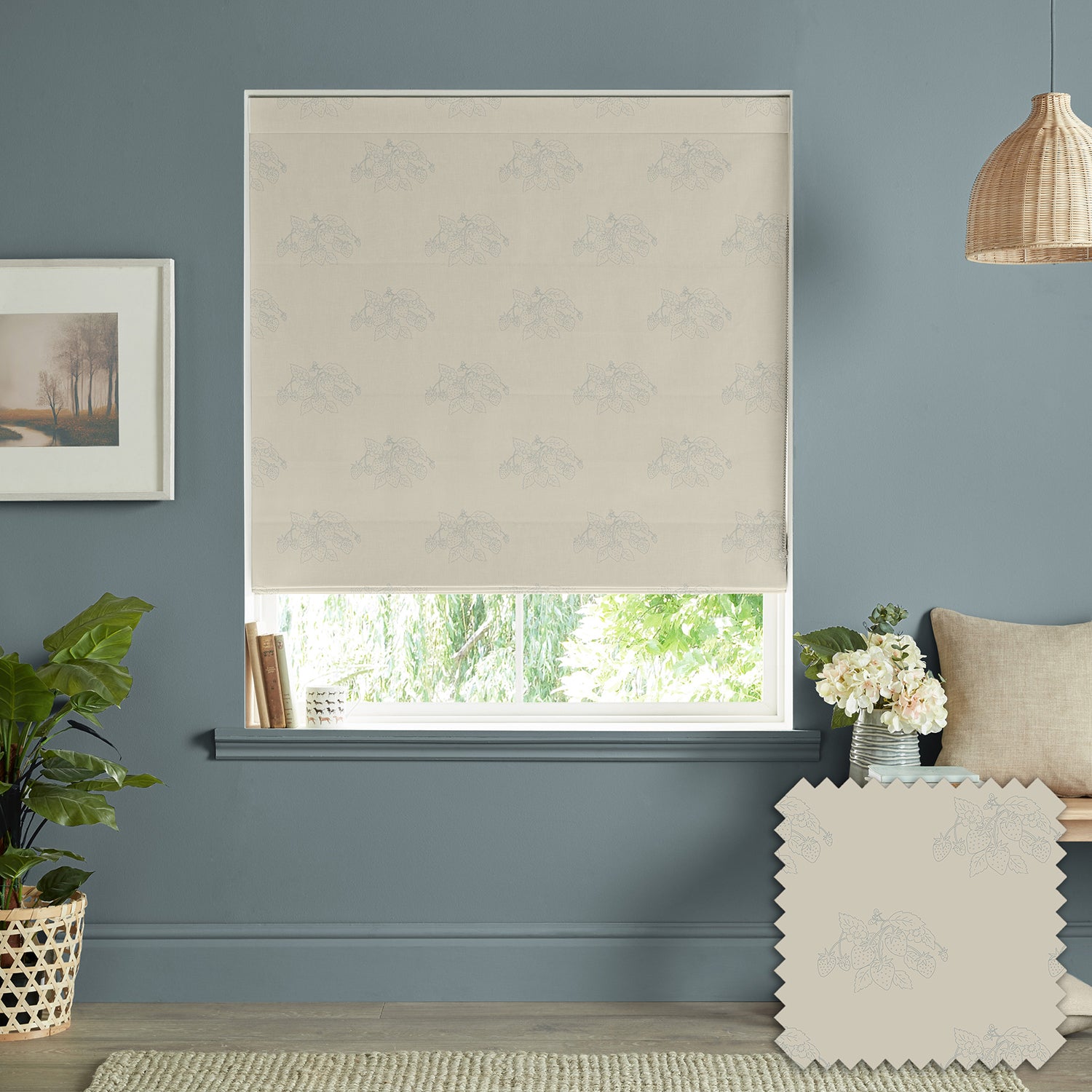Strawberries Duck Egg Linen Made to Measure Roman Blind by Sophie Allport