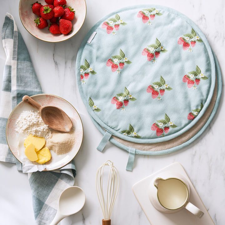 Strawberries Blue Circular Hob Cover by Sophie Allport
