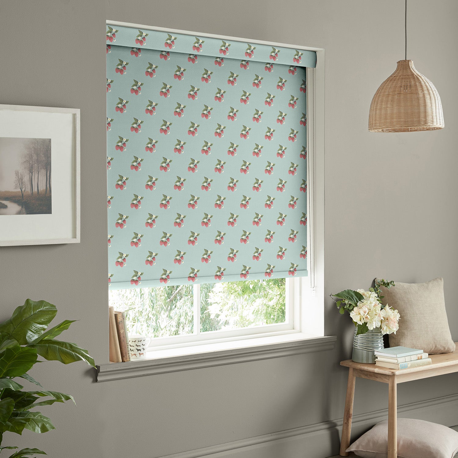 Strawberries Pale Blue Made to Measure Roller Blind