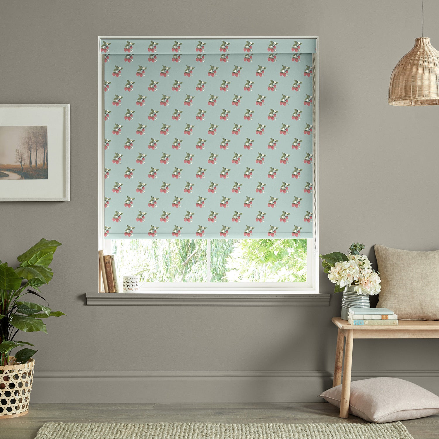 Strawberries Pale Blue Made to Measure Roller Blind