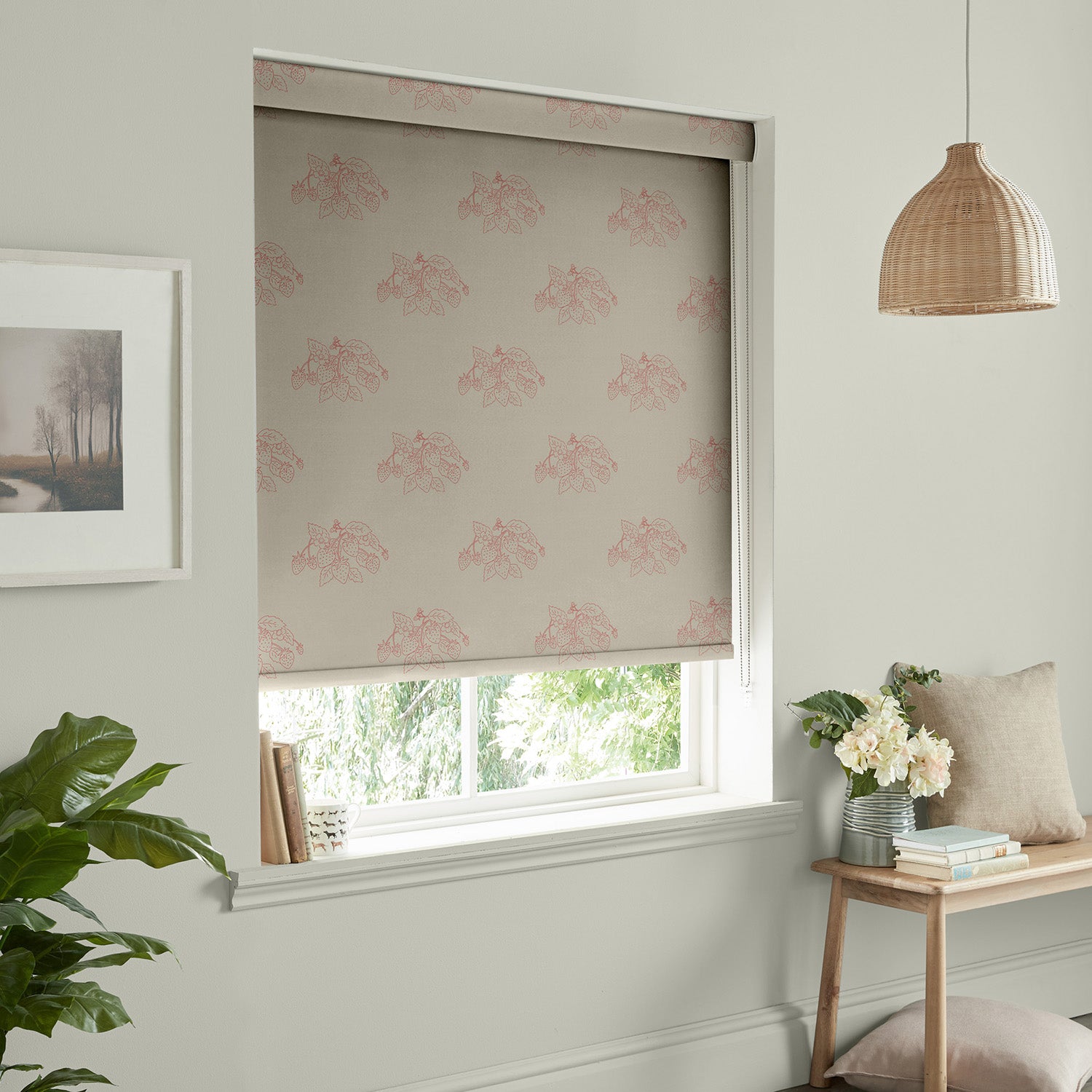 Strawberries Pink Red Linen Look Made to Measure Roller Blind