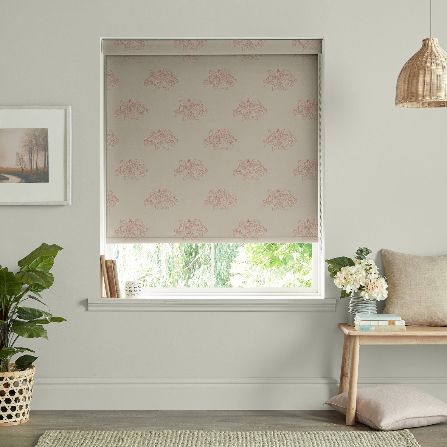 Strawberries Pink Red Linen Look Made to Measure Roller Blind