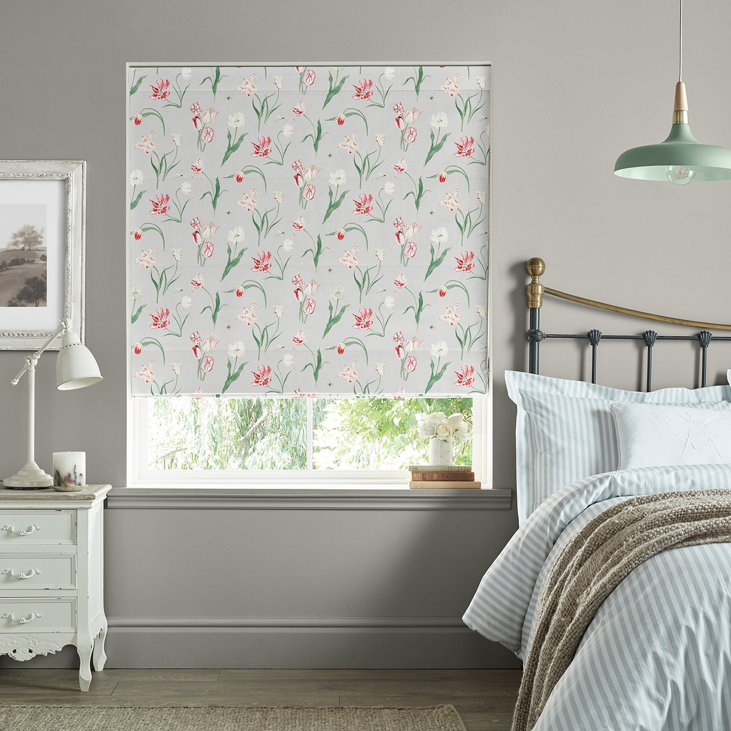 Tulips Pale Grey Made to Measure Roman Blind