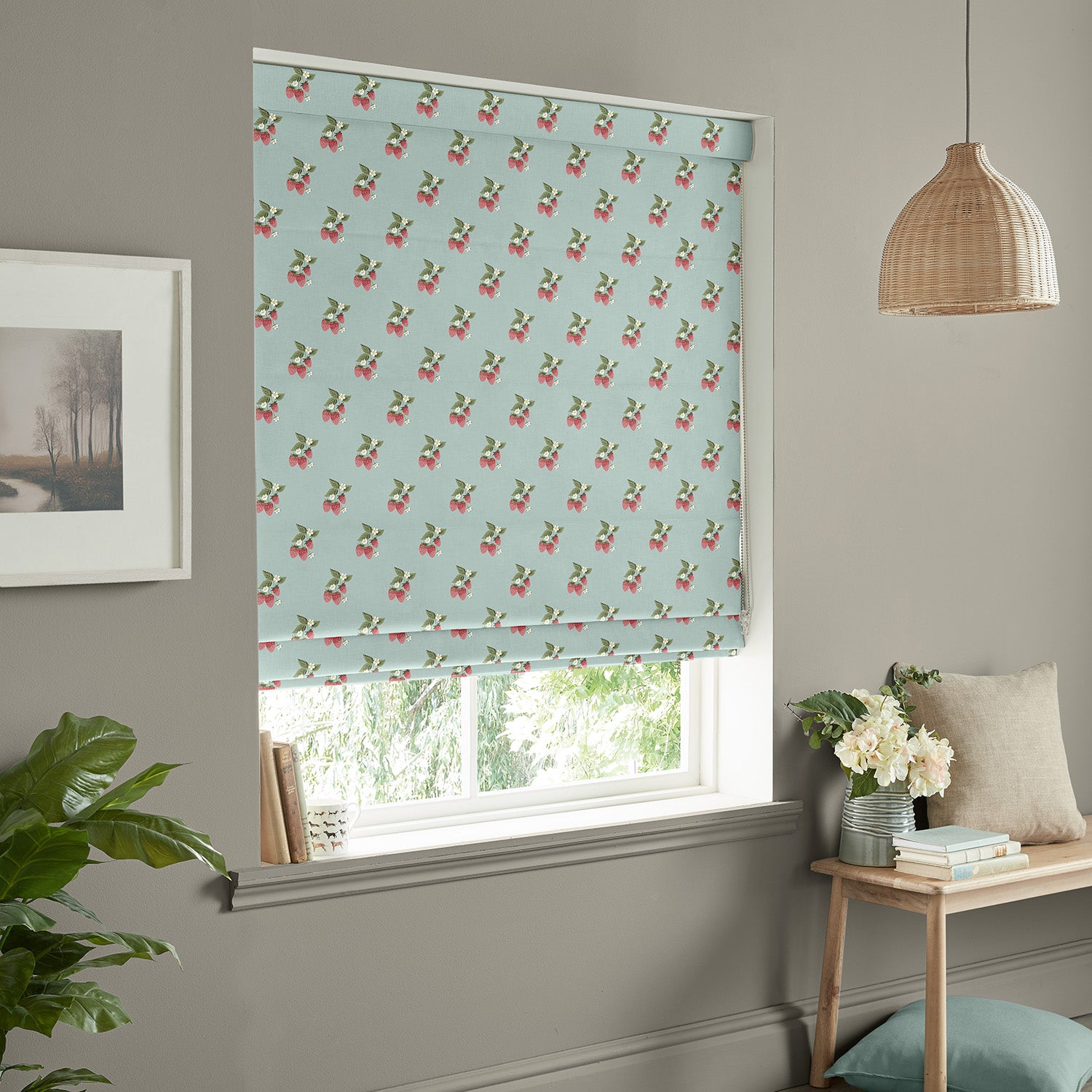 Strawberries Pale Blue Made to Measure Roman Blind