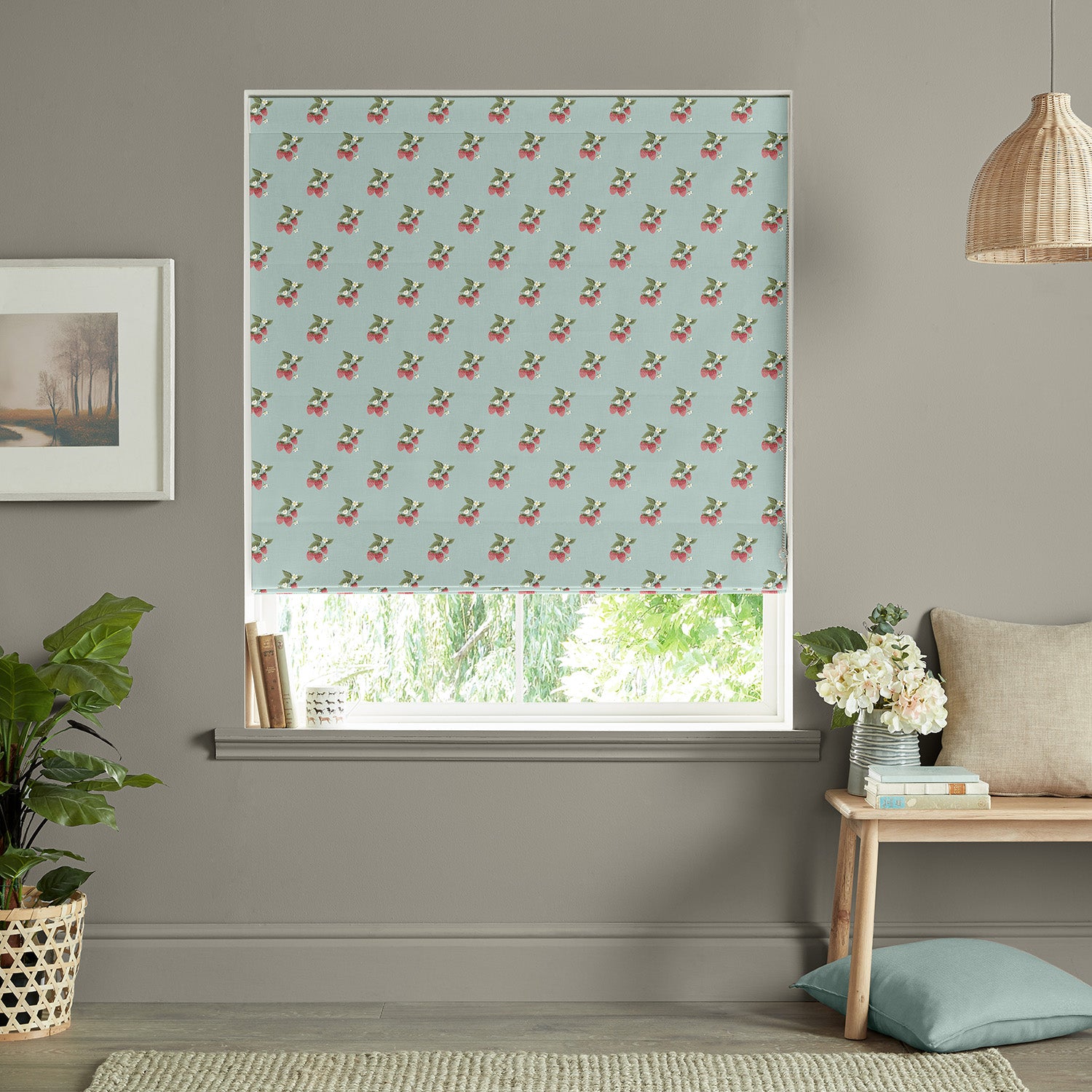 Strawberries Pale Blue Made to Measure Roman Blind