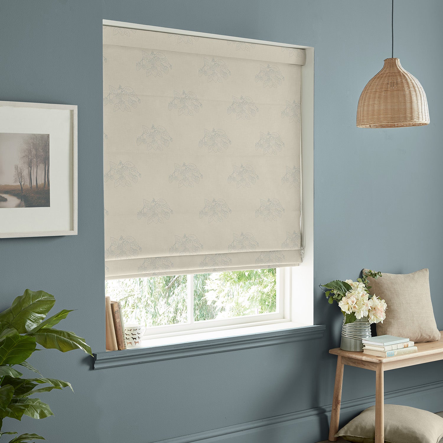 Strawberries Duck Egg Linen Look Made to Measure Roman Blind