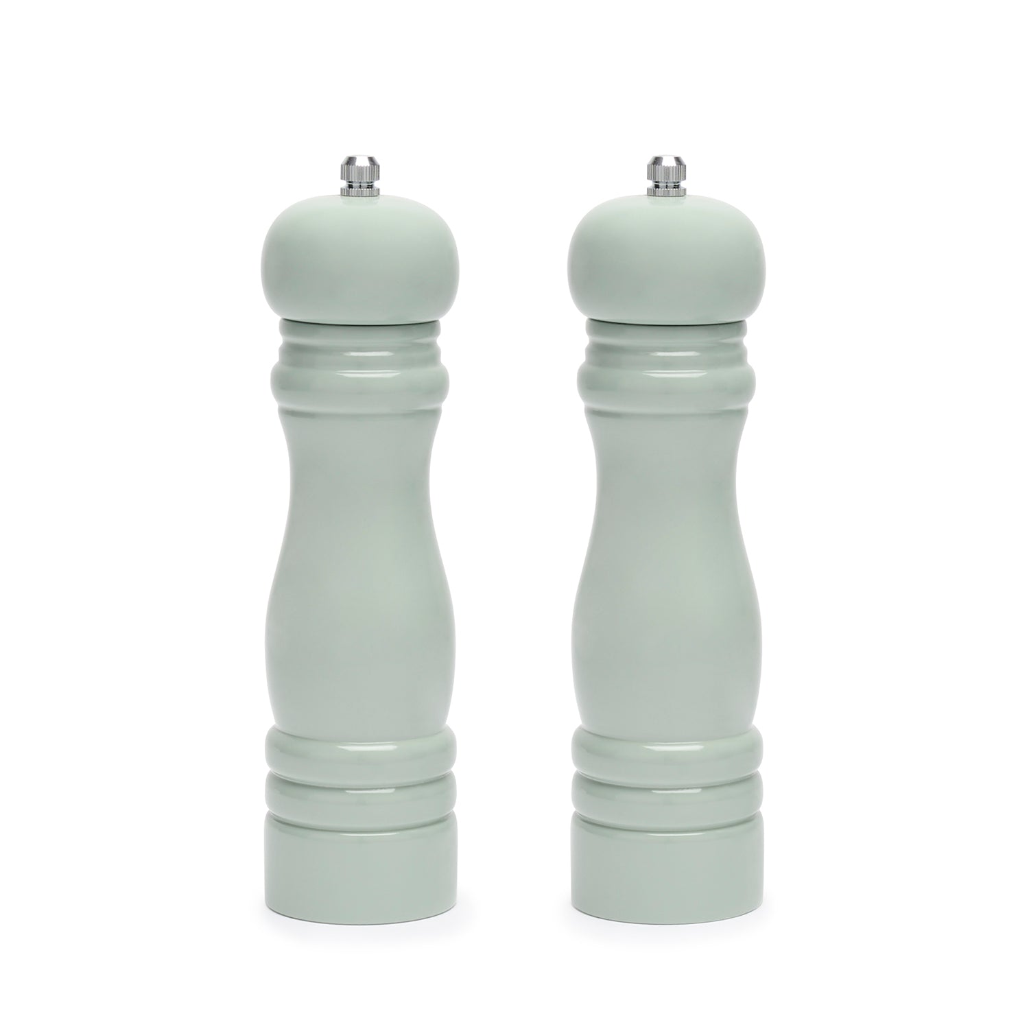 Green salt and pepper mills by Sophie Allport front