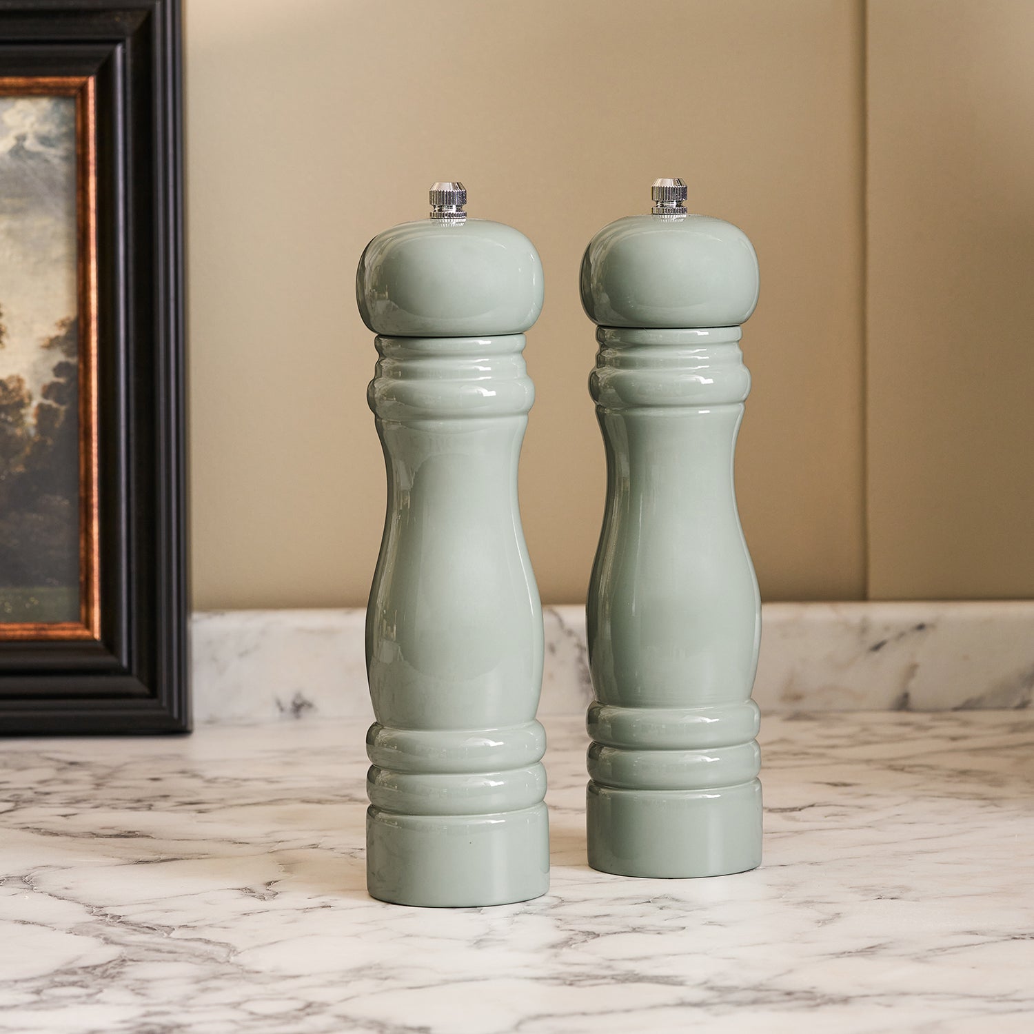 Green salt and pepper mills by Sophie Allport detail