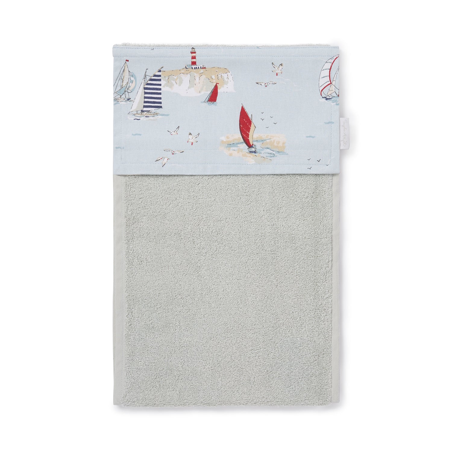 Roller hand towel with coastal sailing boats print by Sophie Allport front