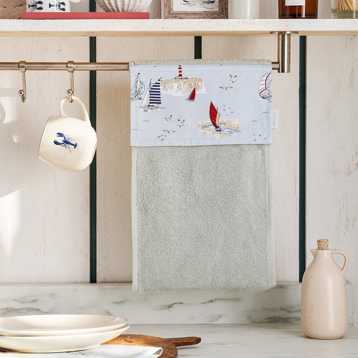 Roller hand towel with coastal sailing boats print by Sophie Allport