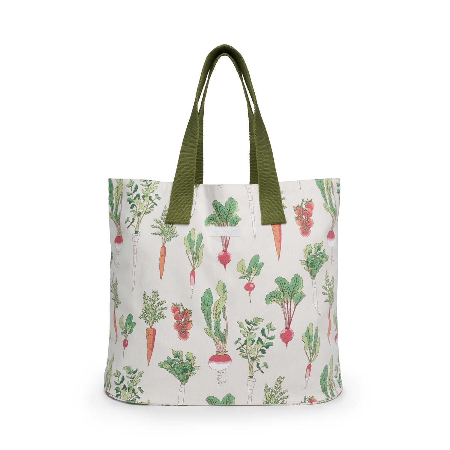 Beige cotton bag with garden vegetables print by Sophie Allport front