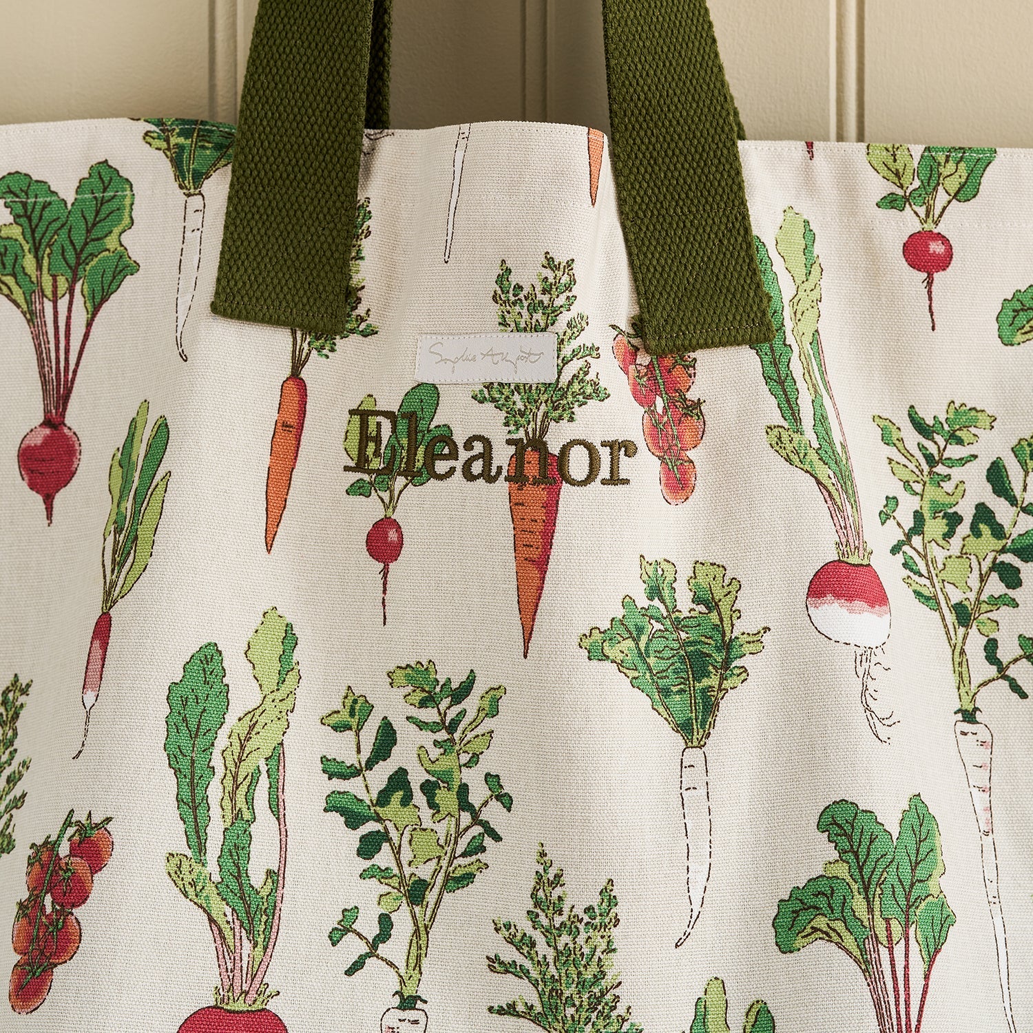Beige cotton bag with garden vegetables print by Sophie Allport personalised