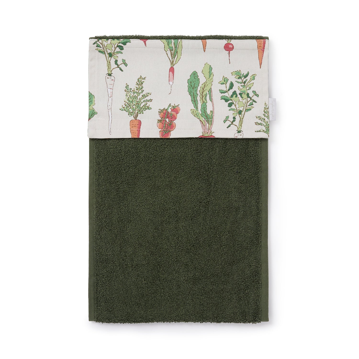 Green roller hand towel with garden vegetables print by Sophie Allport front