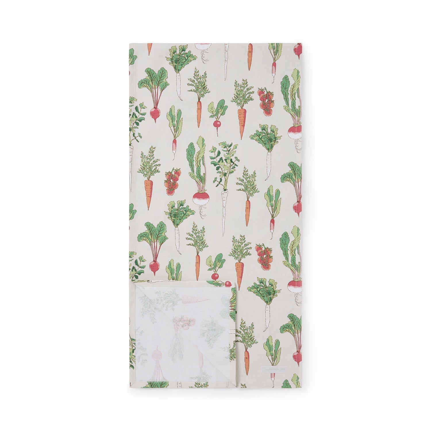 Beige table runner with garden vegetables print by Sophie Allport front