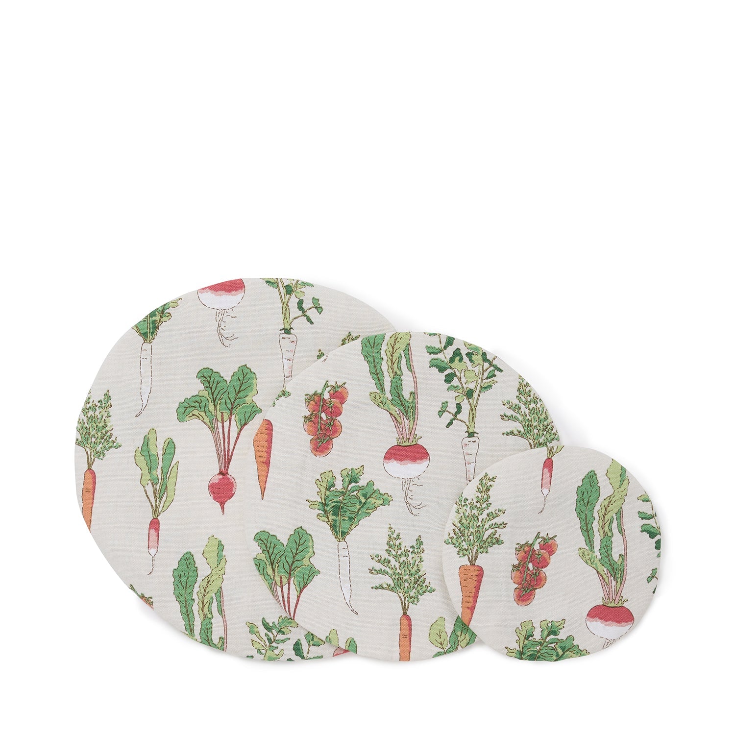 Fabric food covers with garden vegetables print by Sophie Allport front