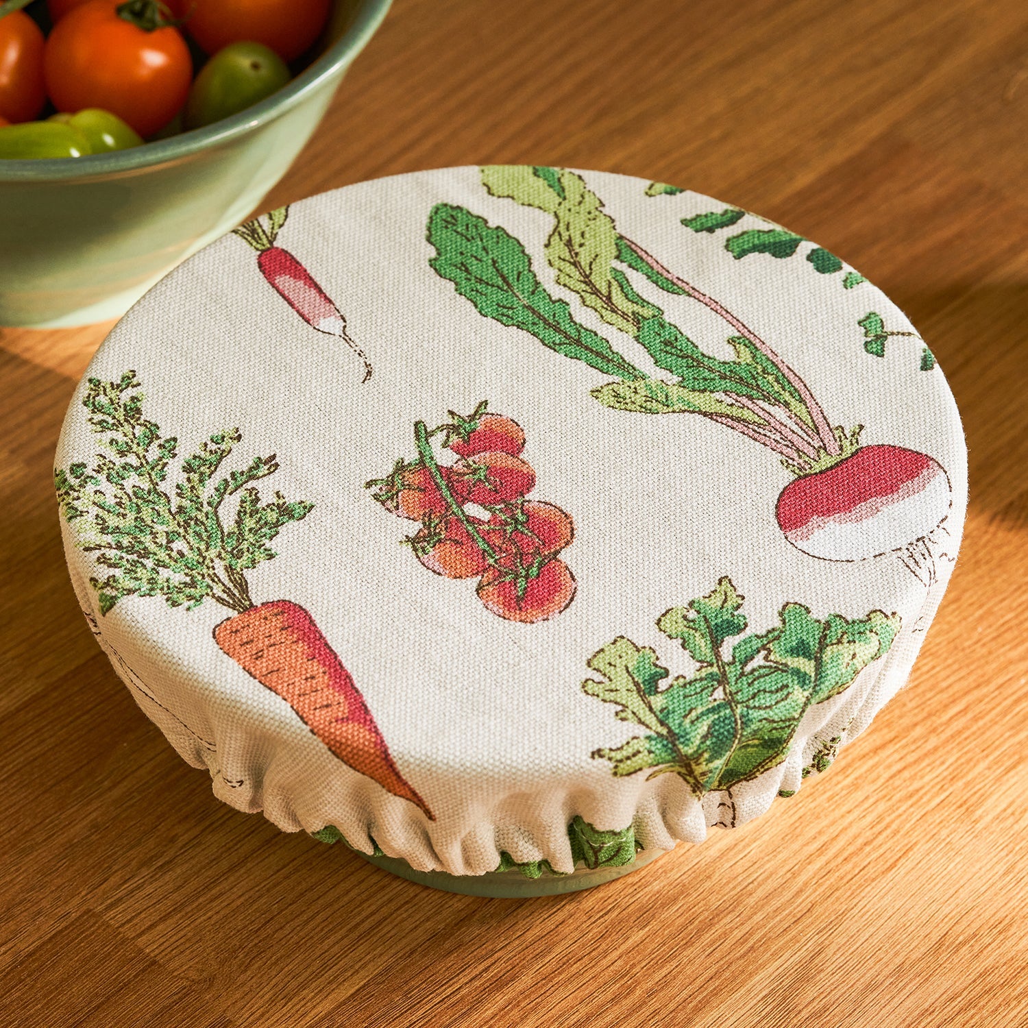 Fabric food covers with garden vegetables print by Sophie Allport detail