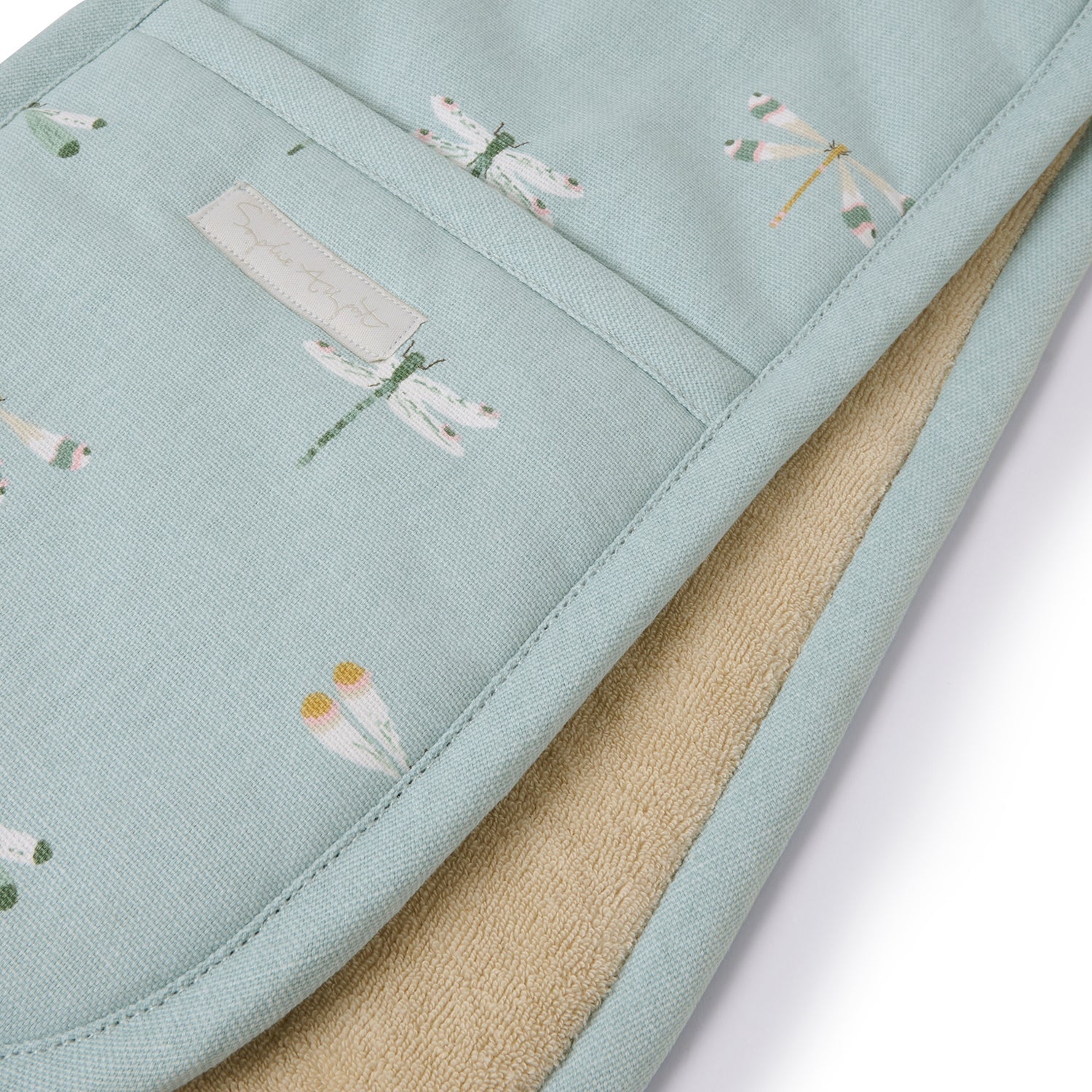 Blue double oven glove with dragonfly print by Sophie Allport towel detail