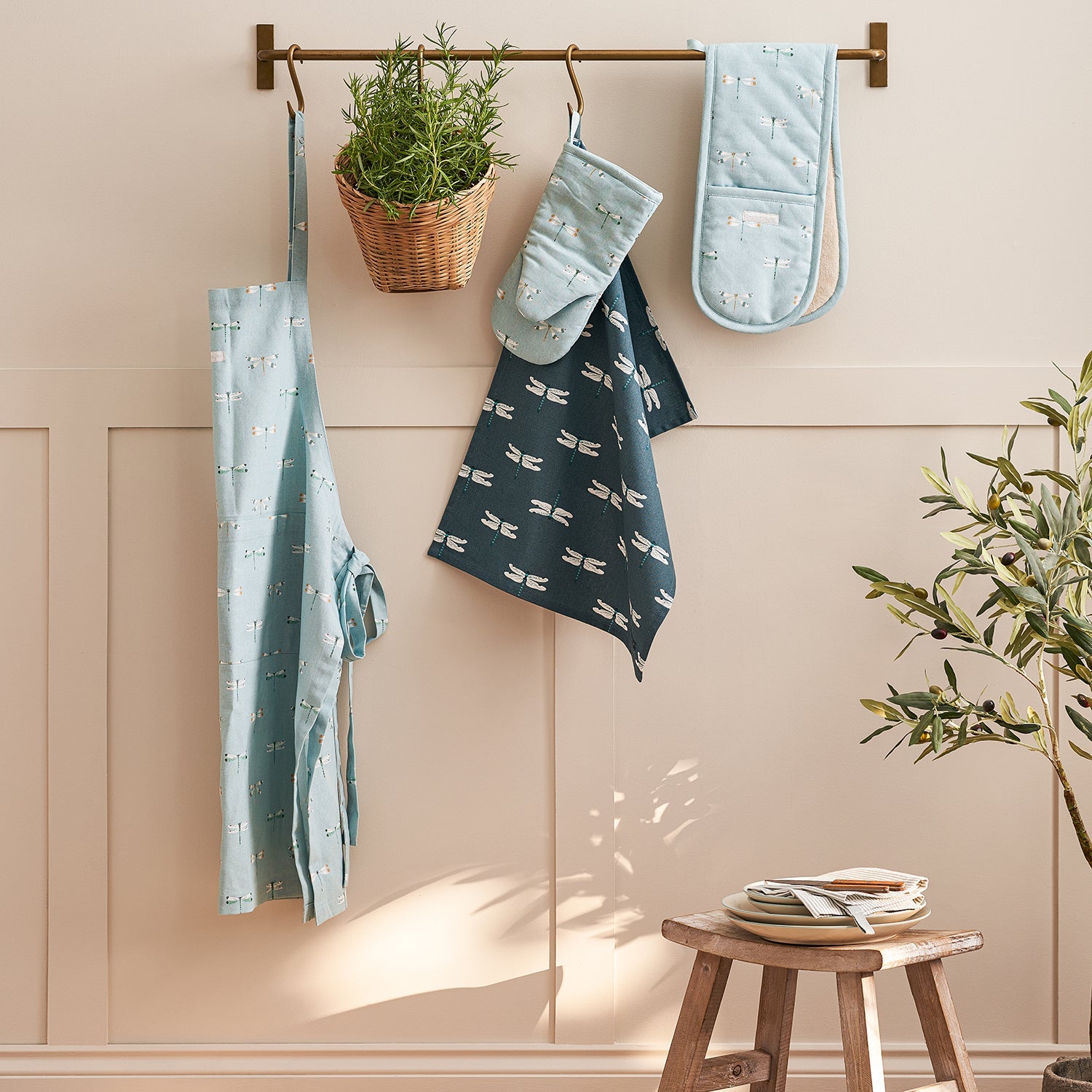 Blue dragonfly printed kitchen linens by Sophie Allport