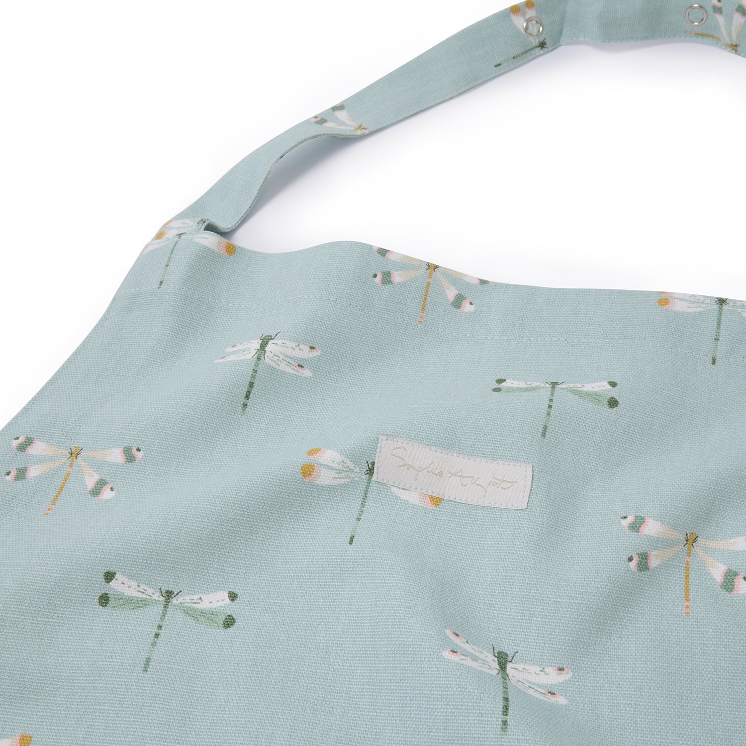 Blue dragonfly printed adult apron by Sophie Allport neck detail
