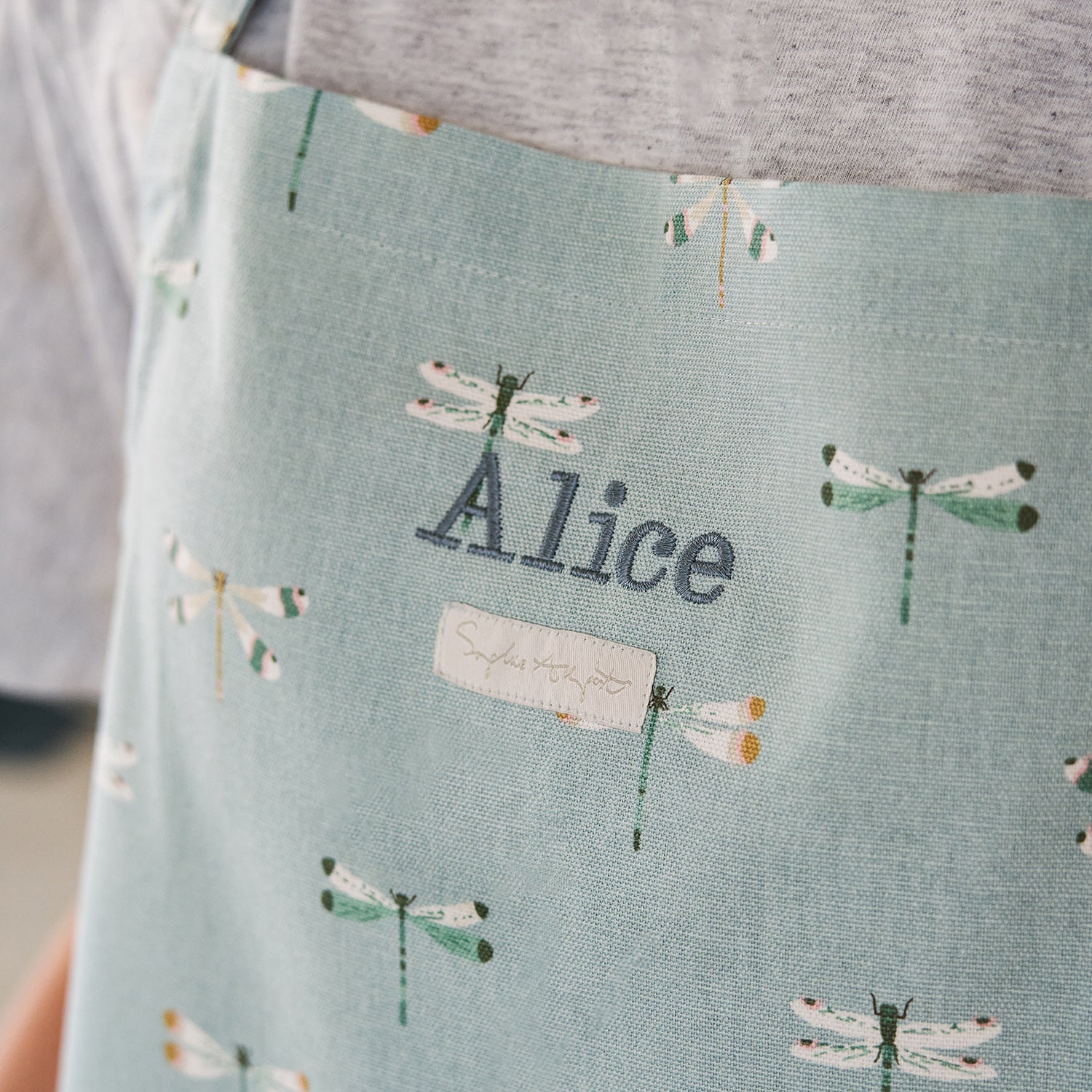 Blue dragonfly printed adult apron by Sophie Allport personalisation