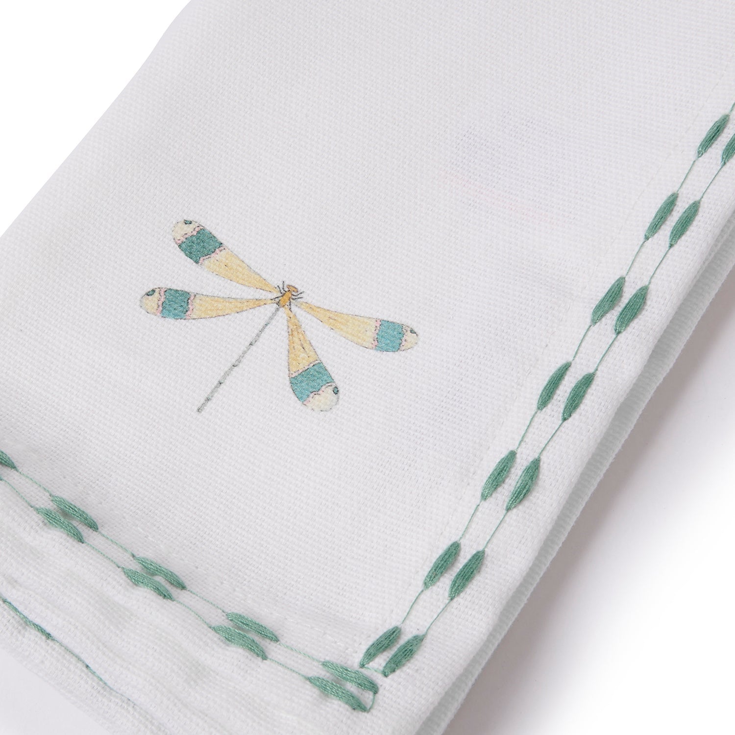 White embroidered napkins with dragonfly print by Sophie Allport stitch detail