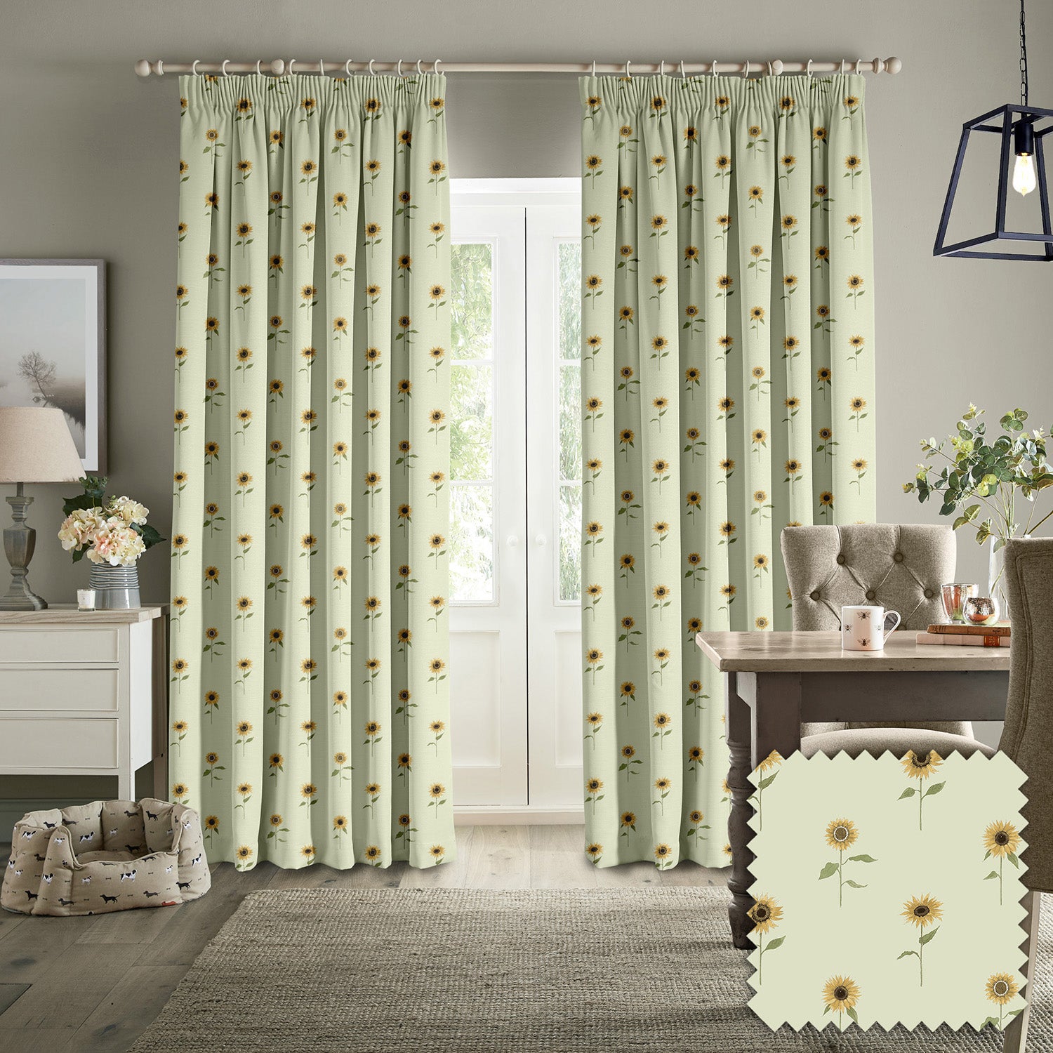 Sunflowers Pale Green Made to Measure Curtains by Sophie Allport