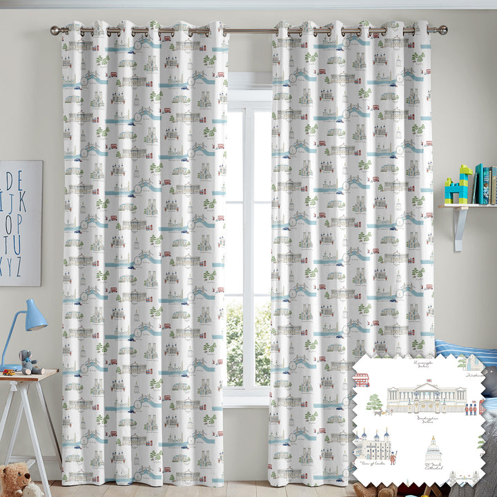 London Scene White Made to Measure Curtains by Sophie Allport