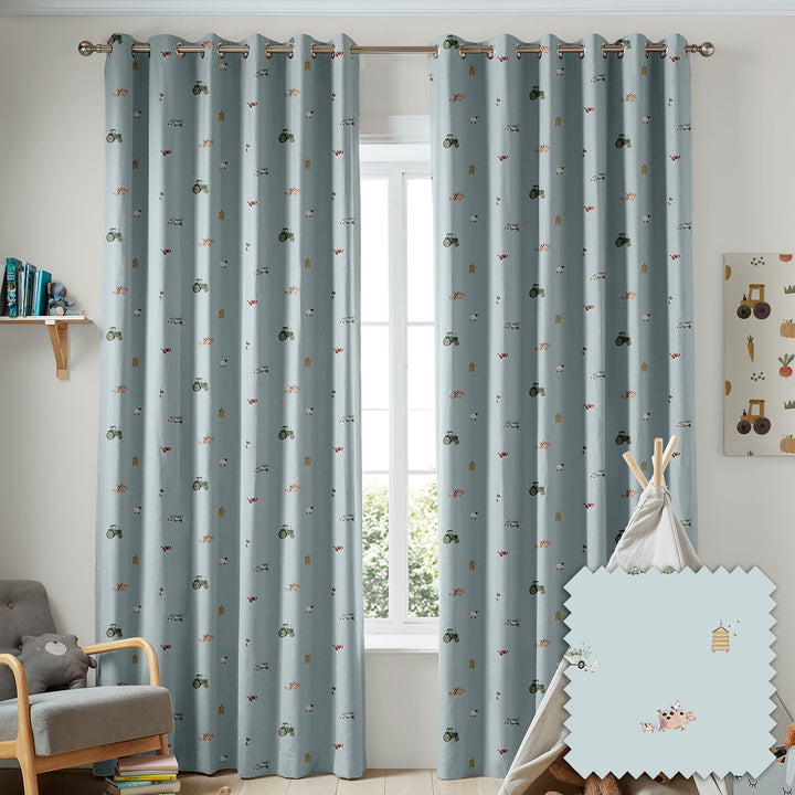 On The Farm Blue Made to Measure Curtains by Sophie Allport