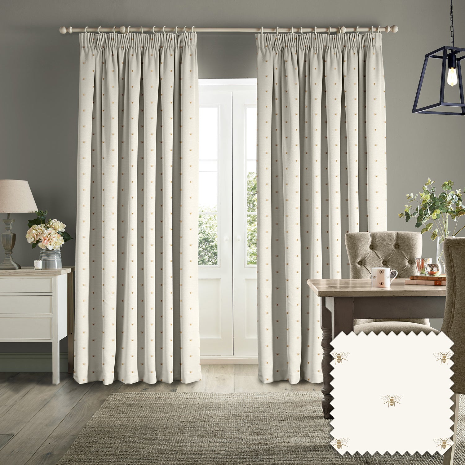 Golden Bees Off White Made to Measure Curtains by Sophie Allport