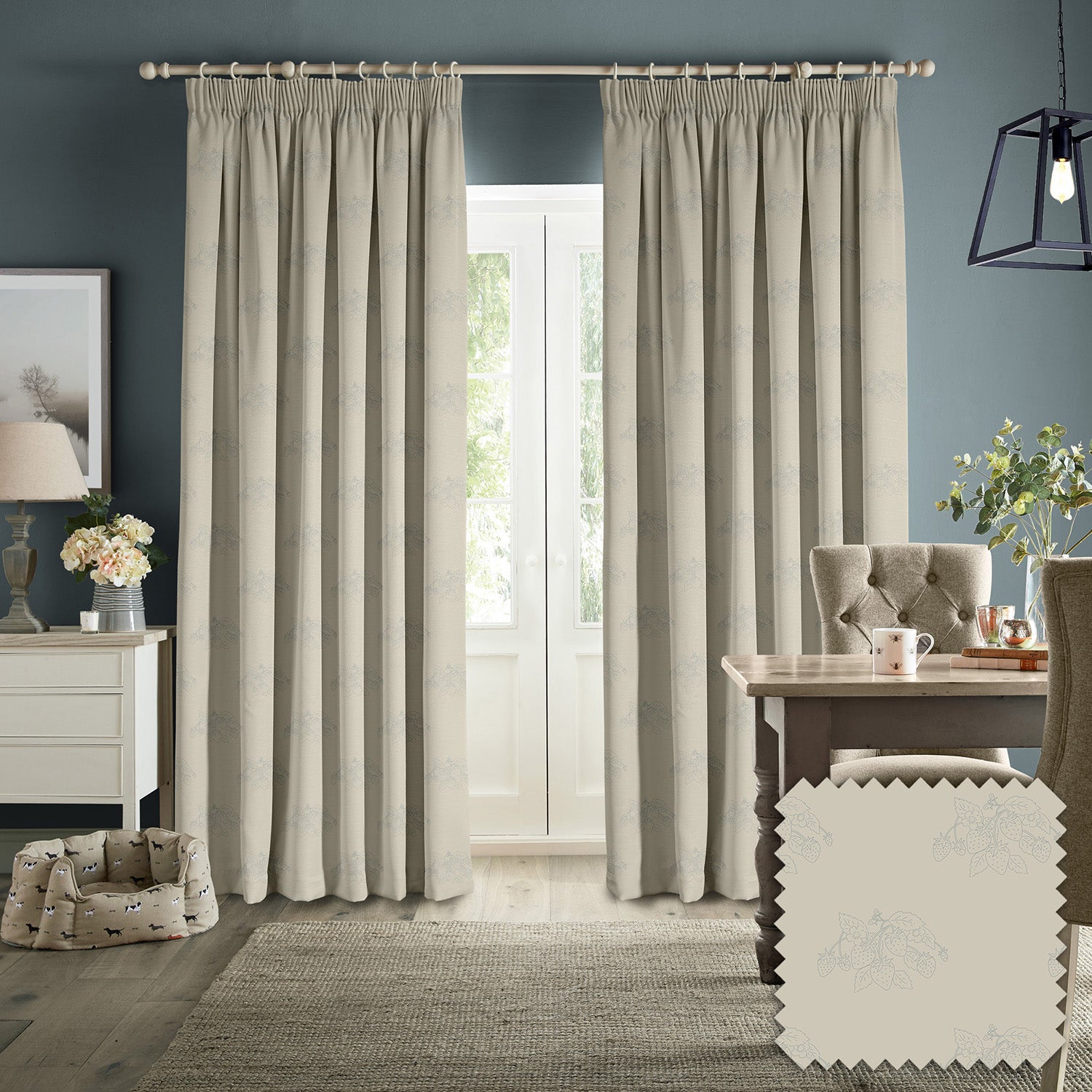 Strawberries Duck Egg Linen Made to Measure Curtains by Sophie Allport