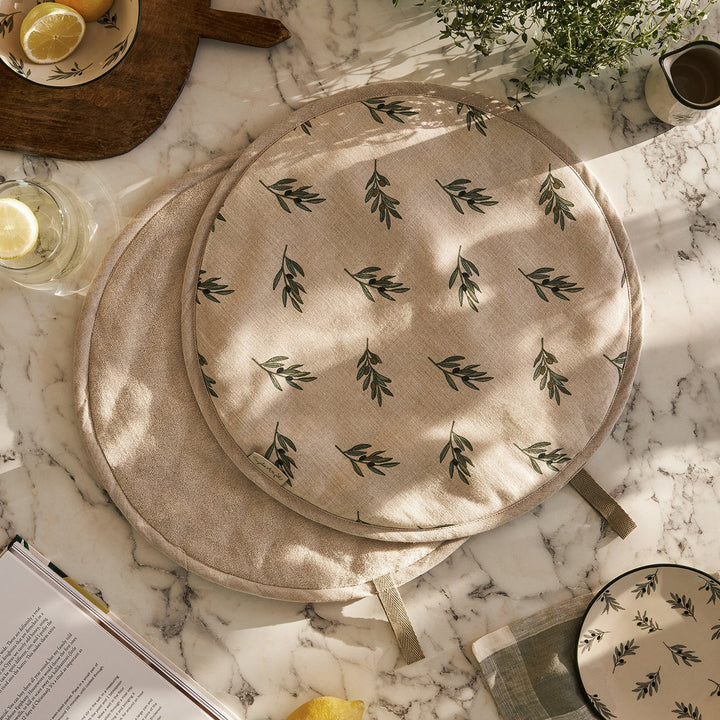 Linen hob covers with olive print by Sophie Allport