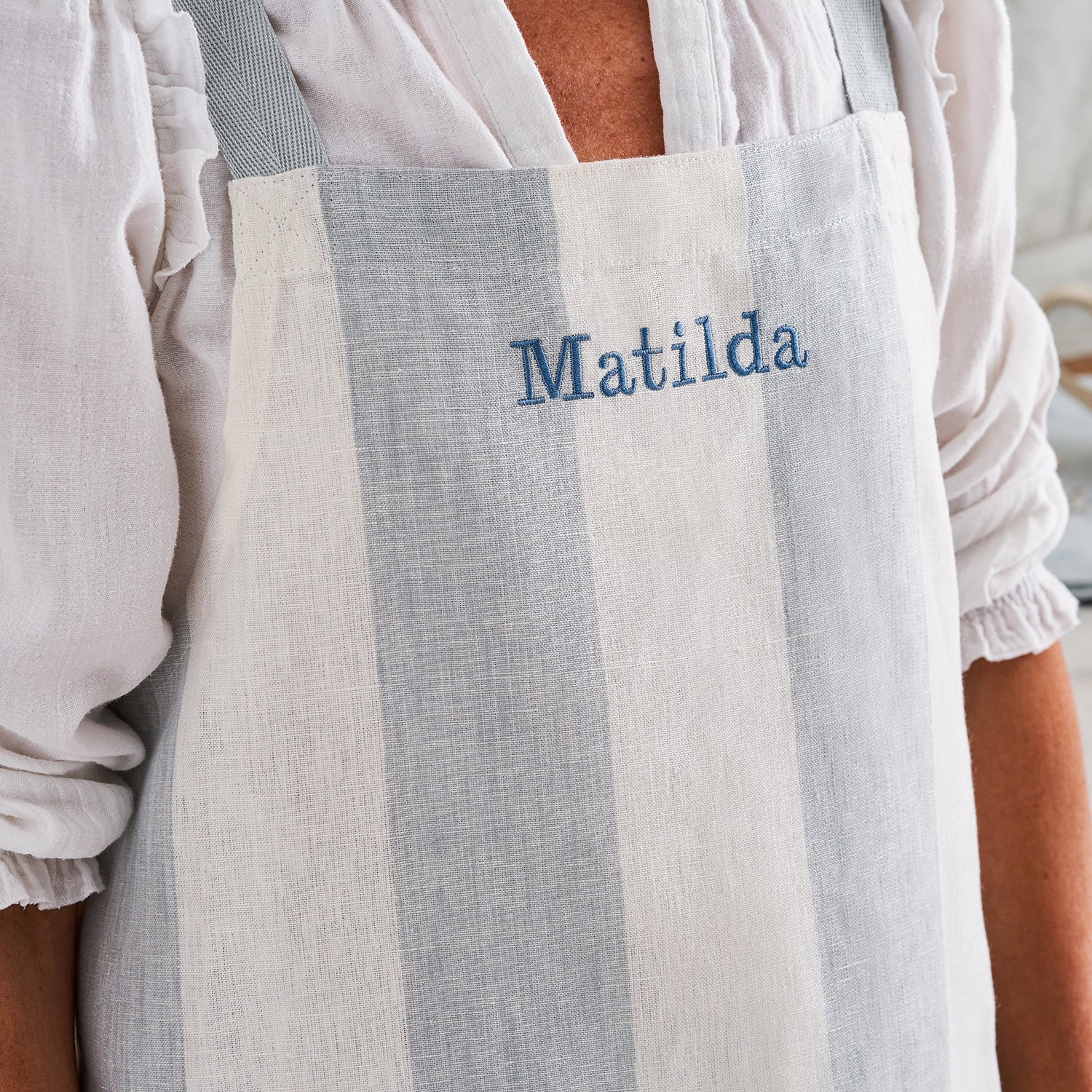 Personalised blue and white striped adult apron by Sophie Allport