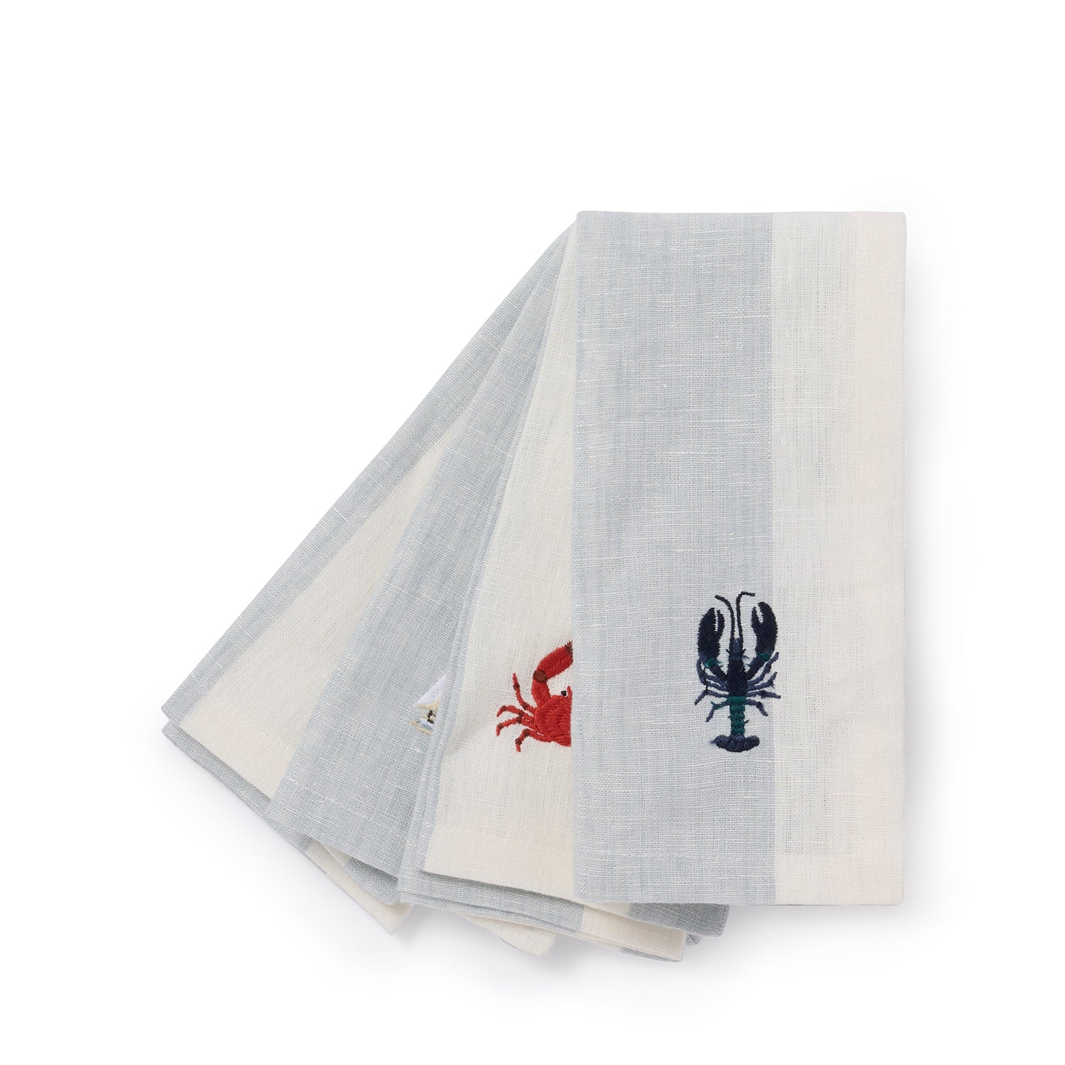 Blue stripe linen napkins with coastal prints by Sophie Allport set of 4