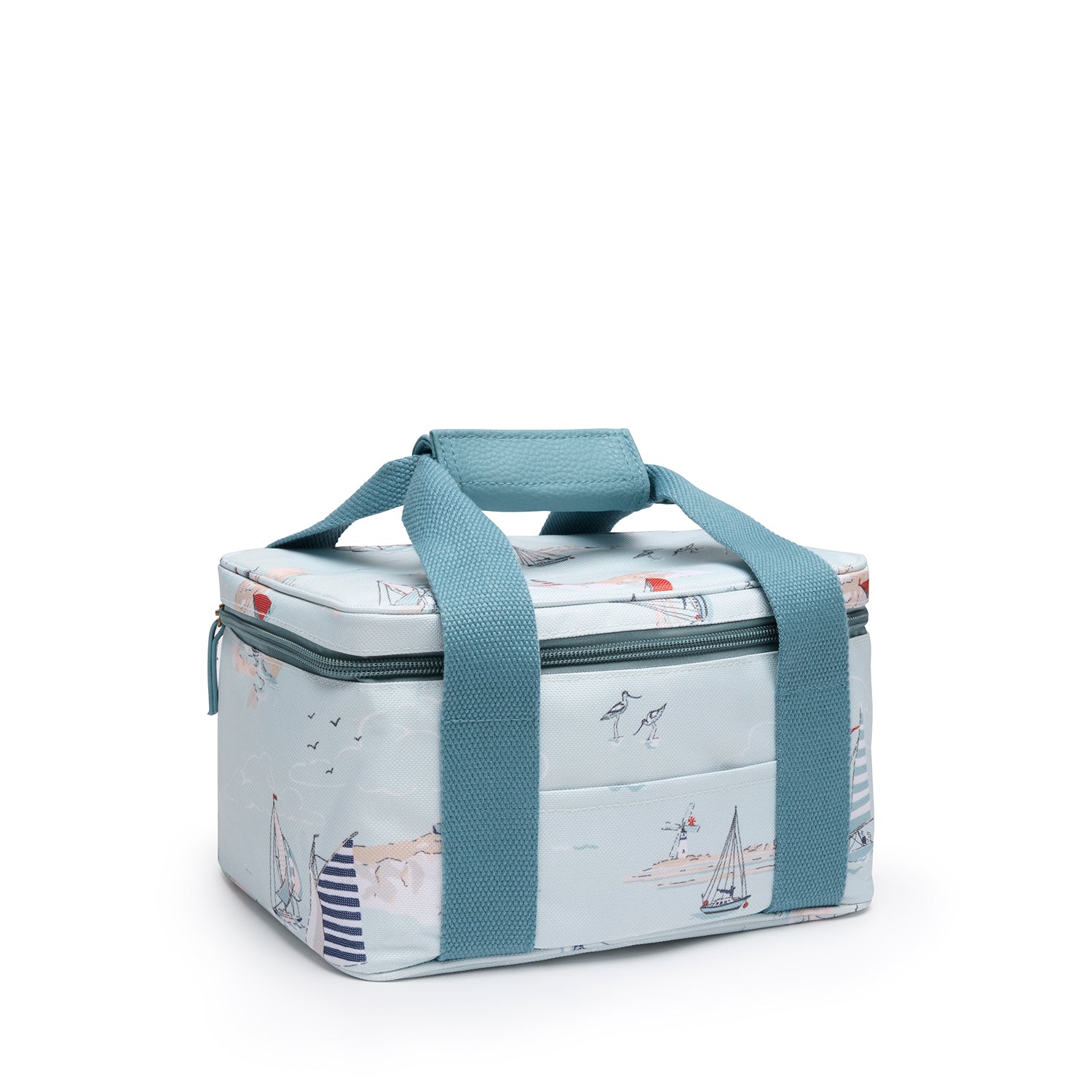 Blue lunch bag with coastal sailing boats print by Sophie Allport side
