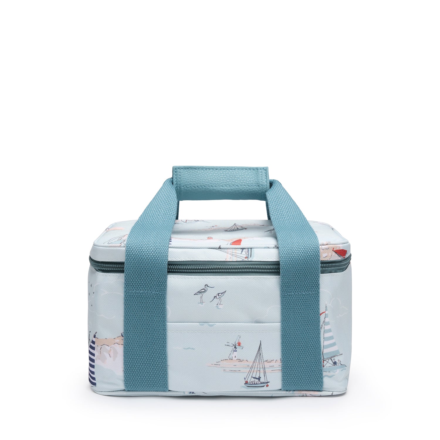 Blue lunch bag with coastal sailing boats print by Sophie Allport front