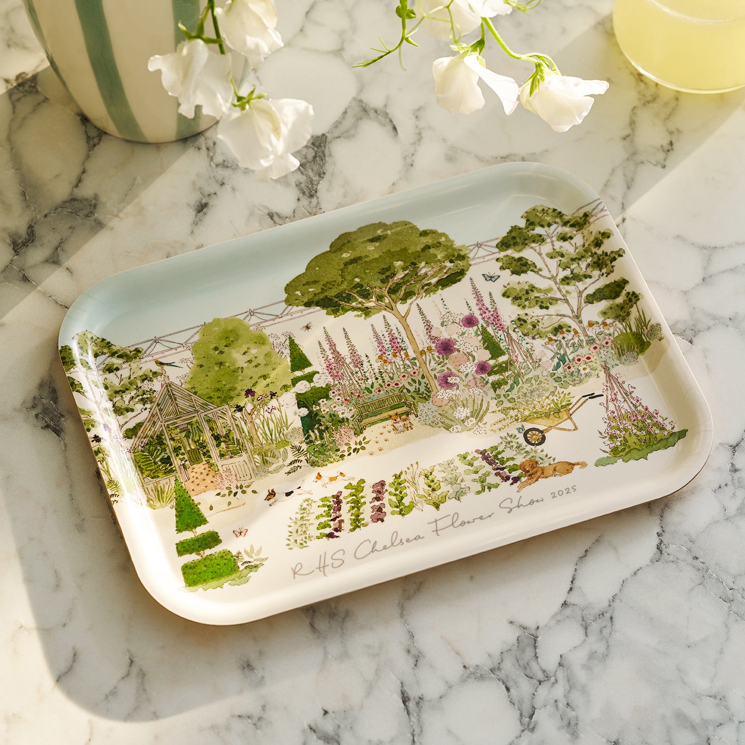RHS Chelsea Flower Show Serving Tray on a marble kitchen side unit